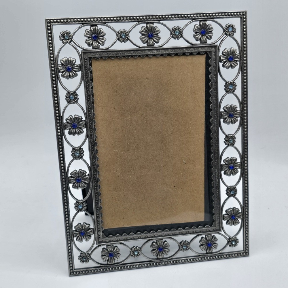 Heirloom‎ Silvertone Floral Blue Jewel Design Photo Picture Frame Vtg